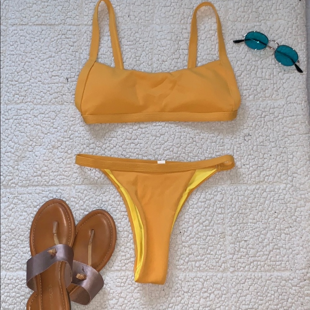Yellow Ribbed Cute Cheeky Bikini Set